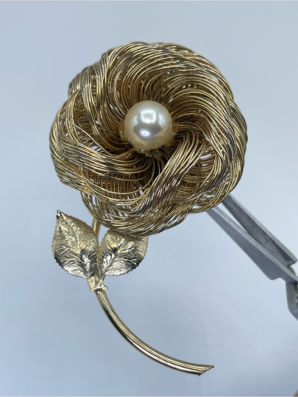 Gold Tone Faux Pearl Wire Flower Brooch Vintage Inspired Floral Pin